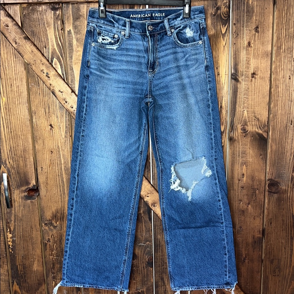 American Eagle Outfitters Distressed Blue Straight-Leg Jeans